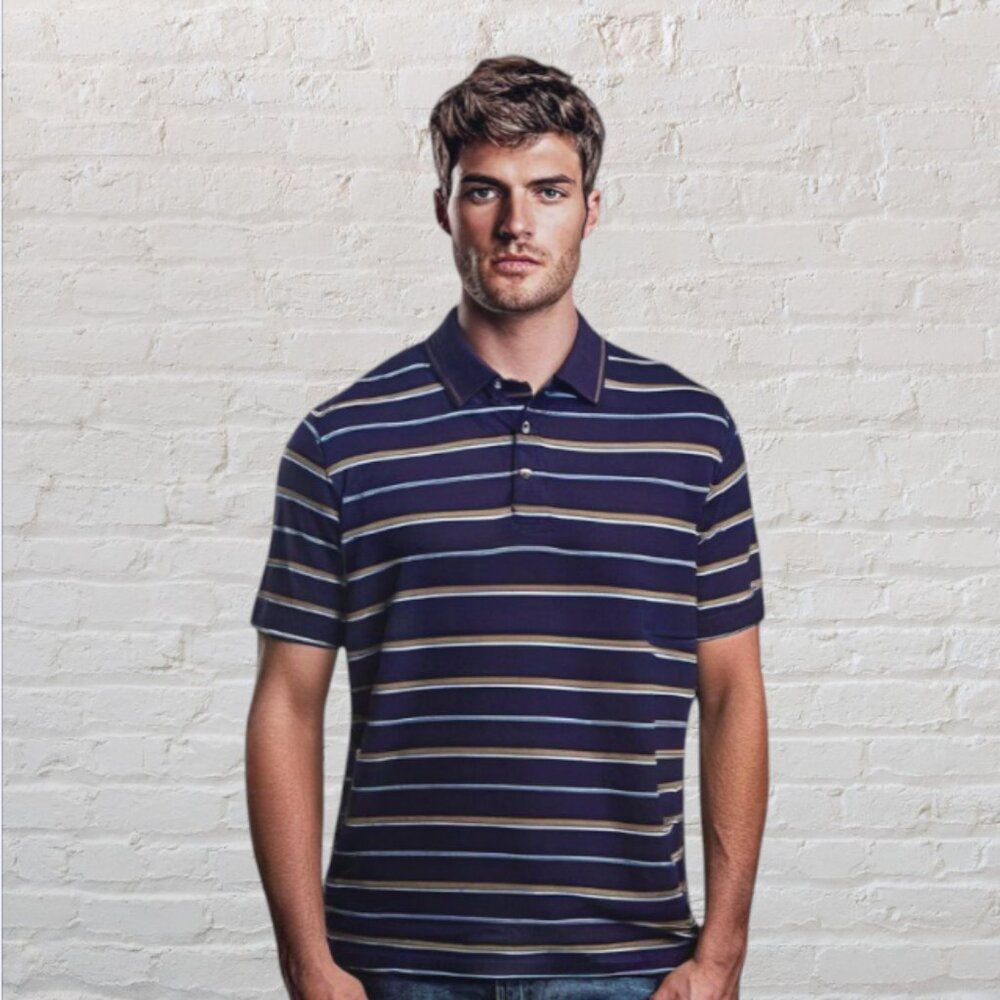 SHIRT -- Blue Striped Pullover Shirt for Large Man, Short Sleeved